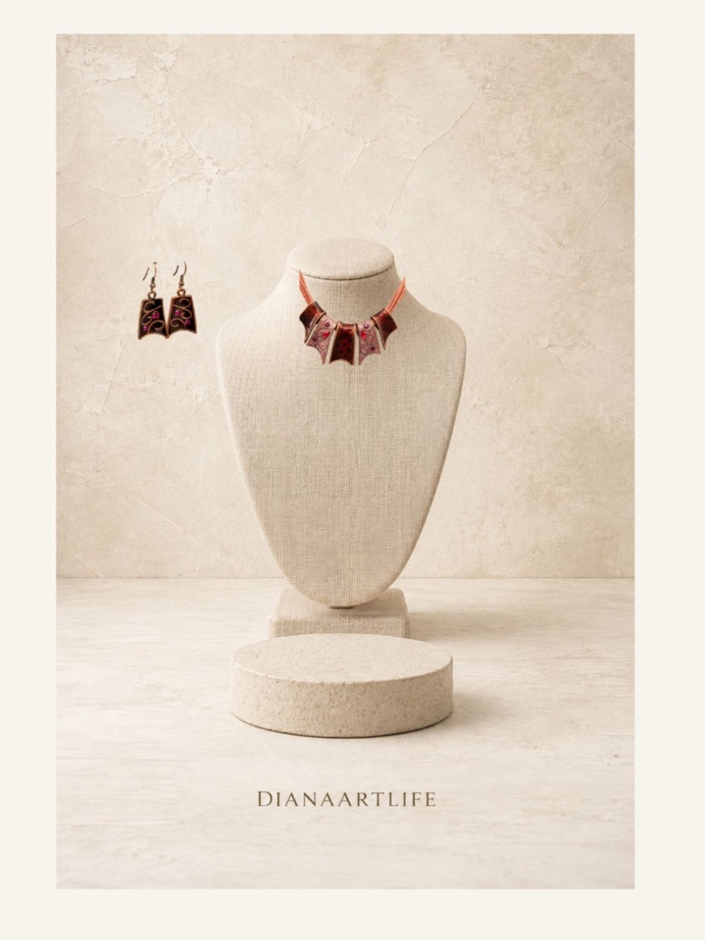 Statement Necklace & Matching Earrings – Copper Tone, Pink Rhinestones